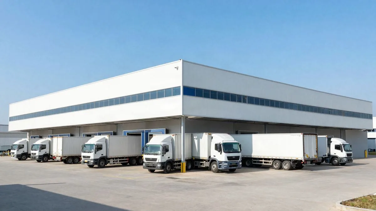 Fachada de un centro de distribución logística con camiones en los muelles de carga
